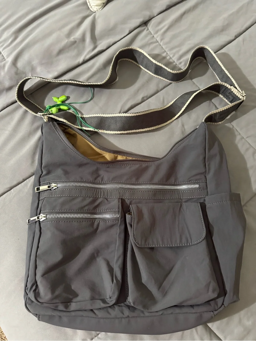 Stylish Dark Grey Crossbody Shoulder Bag with Green Charm